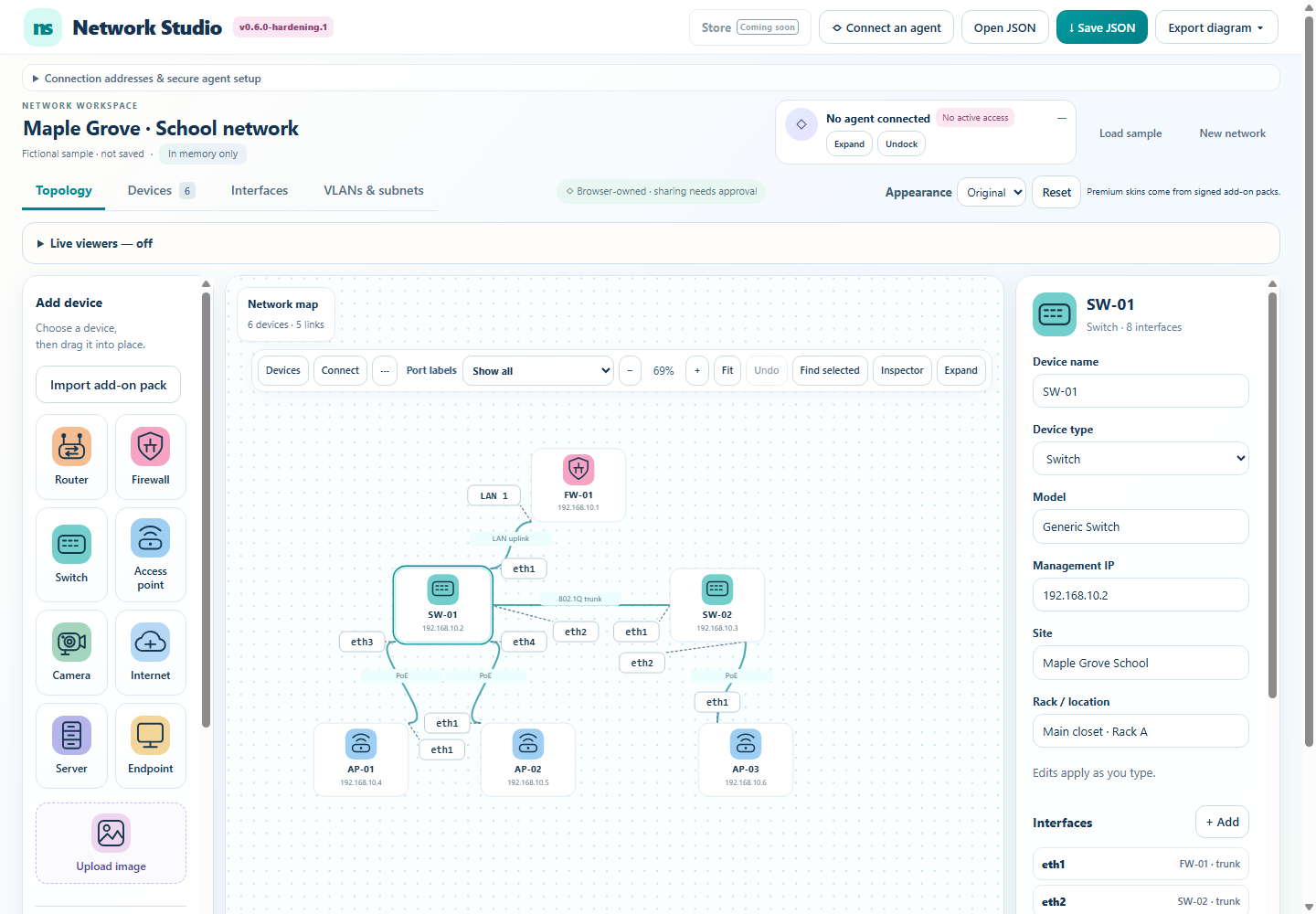 Network Studio editor showing a fictional school network with a firewall, switches, access points and named connections